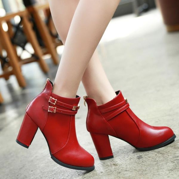 

fashion large size round toe square heel women boots buckle rivet ankle boots women shoes zipper high heel woman 31, Black