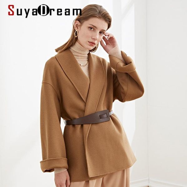 

suyadream handmade 100% wool women leather belts cloak coat solid elegant office chic wool blend beige black khaki winter coat1