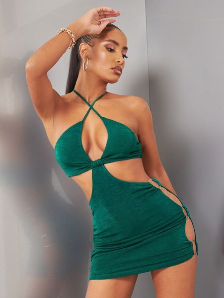 

cut out o-ring side crisscross halter neck bodycon dress p5so#, Black;gray