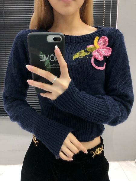 

2020fw luxury new women flower embroidery blue short sweater jumpers for ladies pullover ddxgz2 12.04 h1211, White;black
