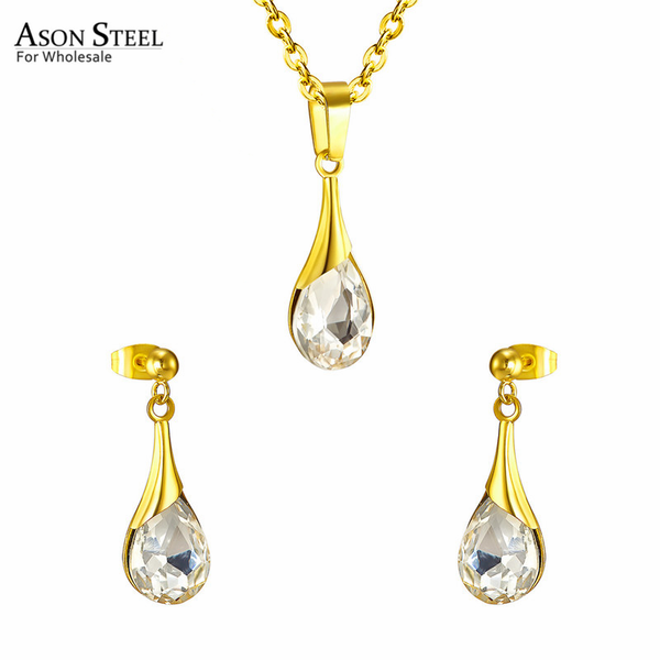 

asonsteel 316l stainless steel gold bridal wedding african jewelry sets for women 2020 water drop necklace pendant drop earring, Silver