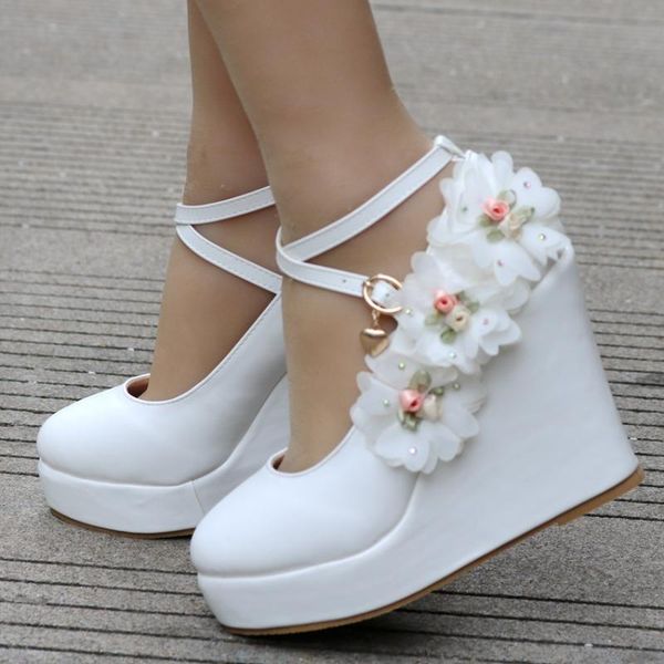 

2020 new white wedges wedding pumps sweet white flower lace pearl platform pump shoes bride dress high heels, Black