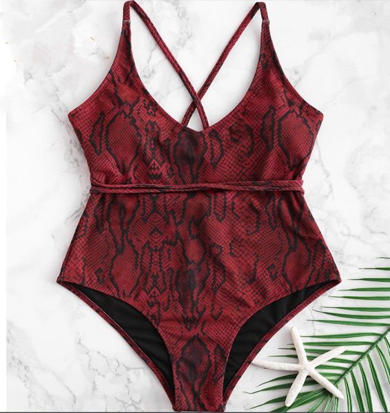 

2020 new one piece red snake swimsuit back cross bikini, White;black