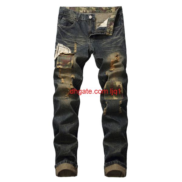 

new men's jeans slim fitting straight tube sticking cloth hole casual jeans pants, Blue
