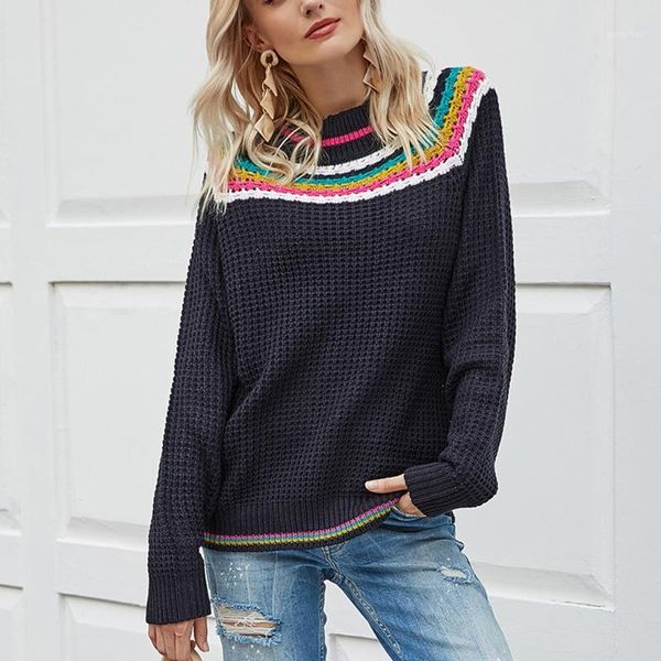 

sagace ladies fashion striped contrast color comfortable long-sleeved sweater ladies new winter stitching color sweater1, White;black