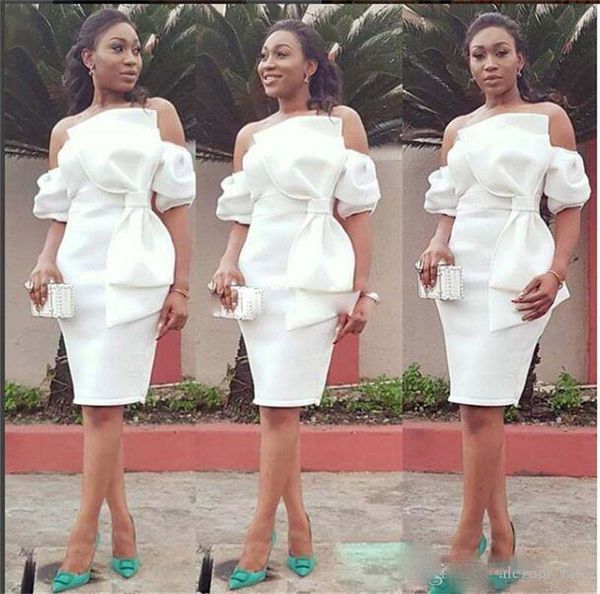 

african off the shoulder sheath prom dresses half sleeves satin big bow cocktail party dress knee length short formal evening gowns, Black