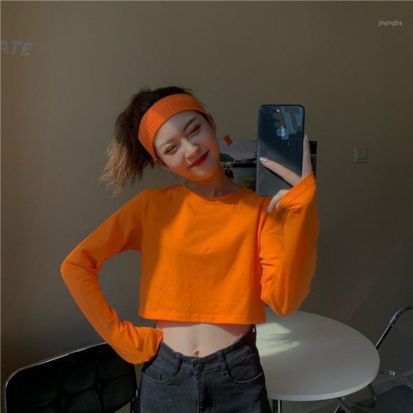 

solid short women 's t-shirt 2020 autumn cotton long sleeves young girls favorite casual clothes o-neck easy matching 1, White