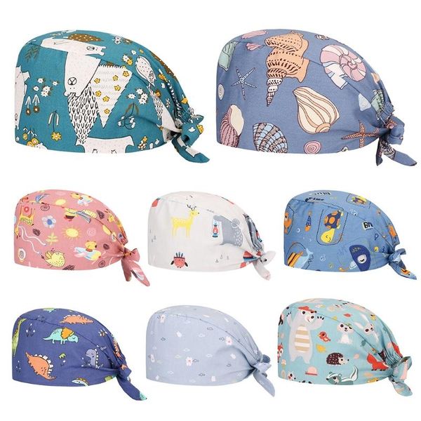 

4 pieces working cap with sweatband adjustable tie back bouffant scrub hat cartoon printed multi color cotton head cover, Blue;gray