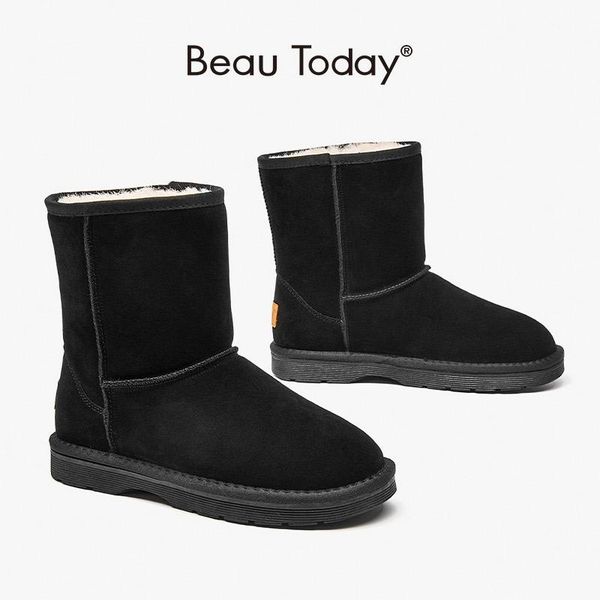 

beautoday snow boots wool women cow suede leather natural fur slip on ankle length lady warm winter boots handmade 08025, Black
