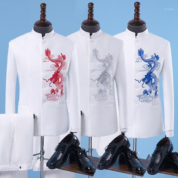 

jacket+pant) chinese style new mens dragon embroidery show suits groom wedding dress suit stage costume men clothes set csms0281, White;black