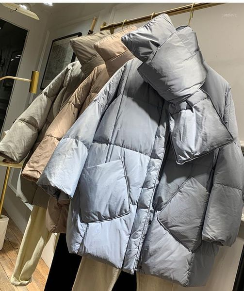 

2020 winter jacket female 90%white duck down jacket women solid with scarf warm down coat loose oversized womens long parka1, Black