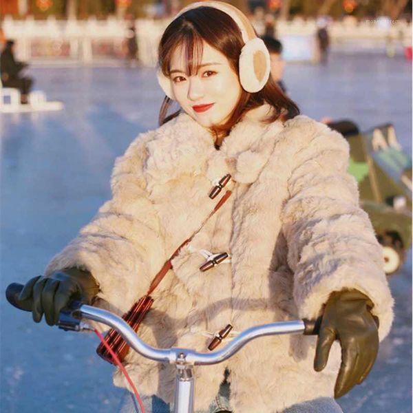 

women's fur & faux 2021 winter women turn-down collar thick warm lamb coat ladies loose casual d1381, Black