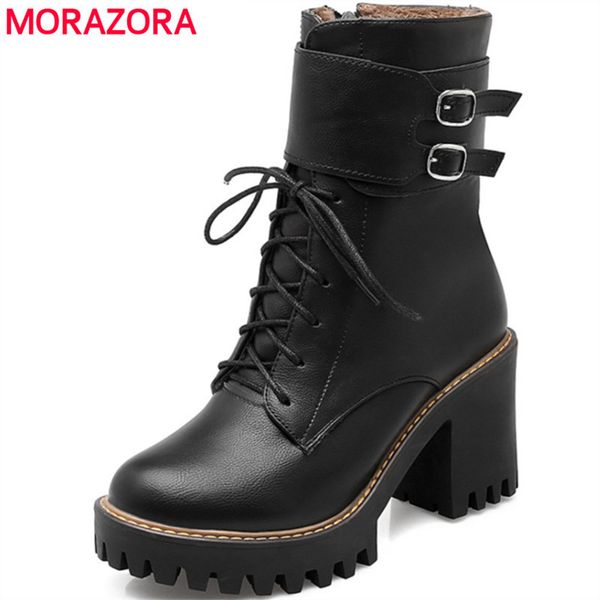 

morazora fashion 2020 autumn winter buckle ladies shoes high heels round toe platform lace up ankle boots for women q1104, Black