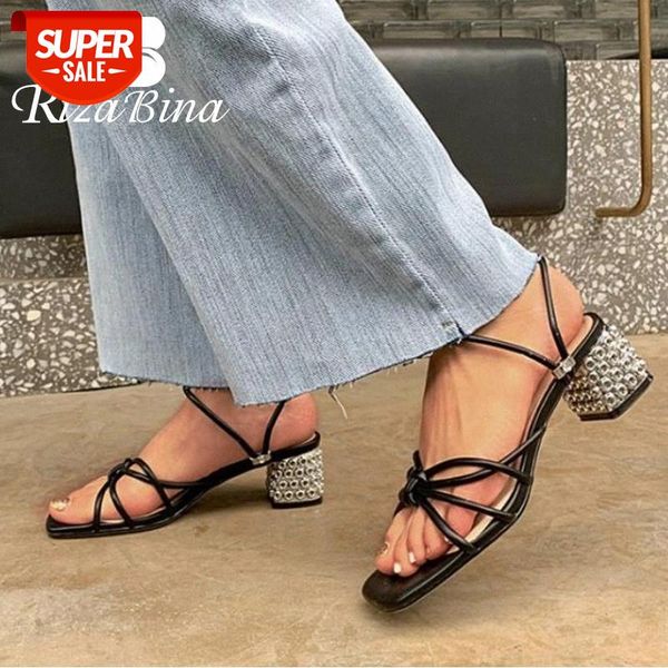 

rizabina summer women sandals shoes fashion real genuine leather shoes women special square heels slip on footwear size 34-39 #il3a, Black
