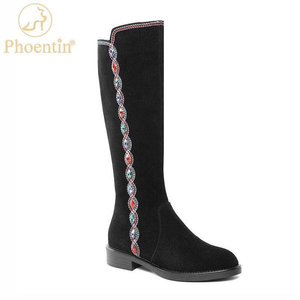 

phoentin black cow suede winter knee high boots women's comfortable low heels round toe zip crystal shoes size 34-40 ft1220
