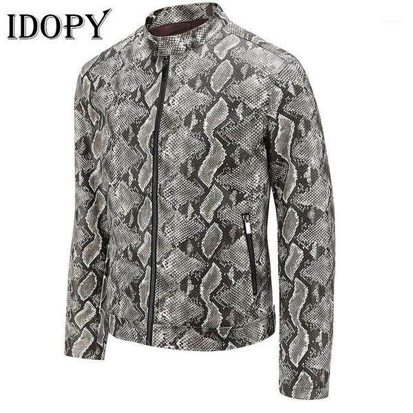 

idopy autumn and winter funky jackets style men's leisure washed snakeskin pattern leather coat1, Black;brown