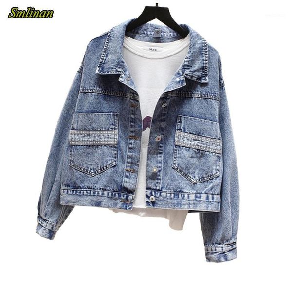 

smlinan denim jacket women casual vintage streetwear coat female spring autumn turn-down collar single breasted basic jeans coat1, Black;brown