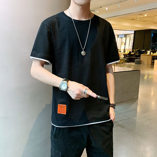 

2021 new short male you'll see around the neck broad pine casual cotton stocking shirt fake two t-shirt tt87, White;black