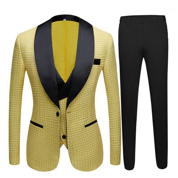 

elegant 3 piece men suit 2020 yellow dots white shawl lapel formal groom wedding suits for men blazer slim fit man tuxedo1, White;black