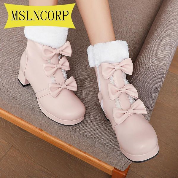 

plus size 34-43 winter kawaii sweet lolita shoes vintage round head plus fuzzy warm women shoes cute bowknot kawaii snow boots1, Black