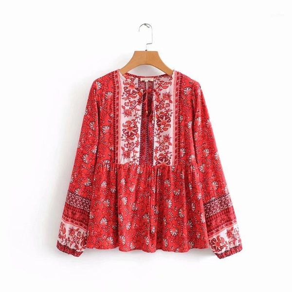 

women holiday wind position flower print casual smock shirts blouses women long sleeve lace up bow roupas femininas ls45271, White