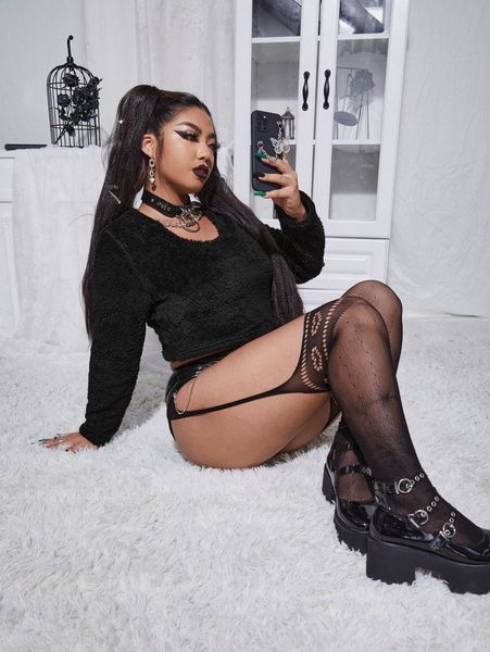 

plus 1pc crop flannel sweatshirt b1nk#, Black