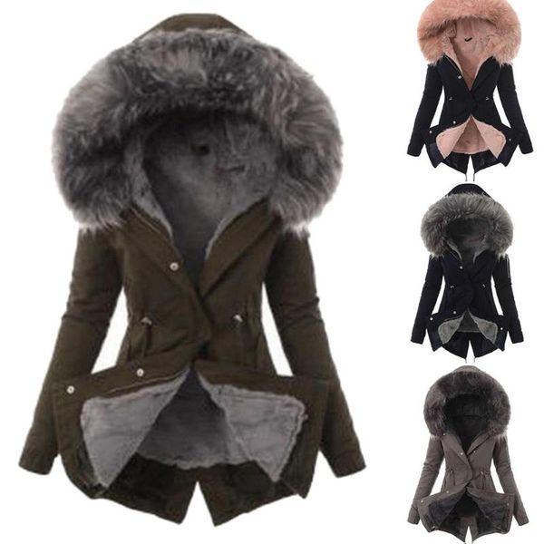 

women warm winter jacket women down cotton hooded fur collar solid color warm cotton jacket, Black;brown