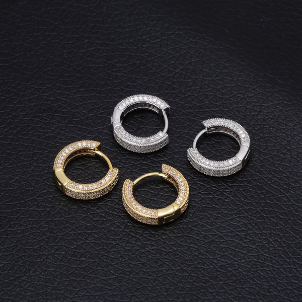 

hip hop earrings for men women rapper fashion jewelry luxury high grade bling zircon paved 18k gold rhodium plating copper hoop huggie, Golden;silver