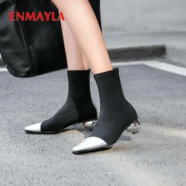 

boots enmayla 2021 faux suede slim zip ankle stretch fabric women winter round heels synthetic shoes1, Black