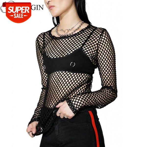 

summer womens fishnet exposed loose sheer mesh t shirt fishnet long sleeve t-shirt hipsters vintage gothic casual #ml37, White