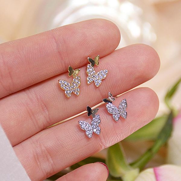 

exquisite bling two color butterfly earrings for women designer luxury jewelry zircon s925 needle stud party, Golden;silver