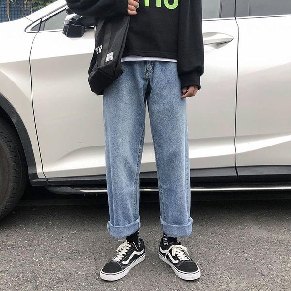 

wholesale 2020 hong kong style jeans male korean loose wild solid color casual pants youth spring trend simple straight pants, Blue