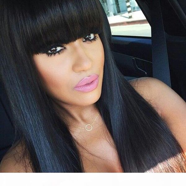 

130% density straight full lace human hair wigs with ponytail glueless full lace front wigs with full bangs malaysian wigs, Black;brown