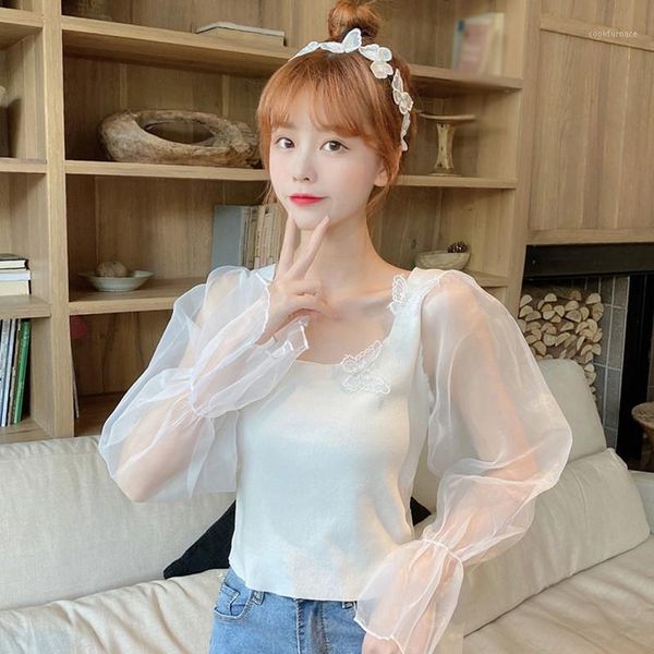 

women t shirt solid stitching puff sleeve casual t shirt sweet mesh square collar with applique knitted long sleeve 1, White