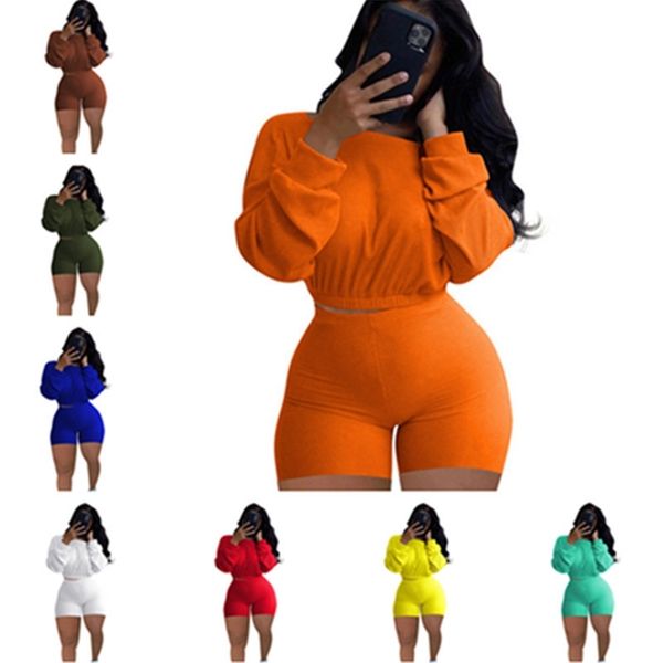 

womens spring summer ribbed outfits 2 piece shorts set plus size s-5xl sportswear long sleeve casual clothing set joggers tracksuit h2204, White