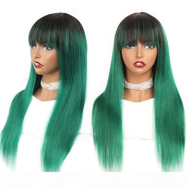 

dark roots 1b green wig human hair malaysian remy straight glueless wigs with bangs for black women full green ombre wig with no lace, Black;brown