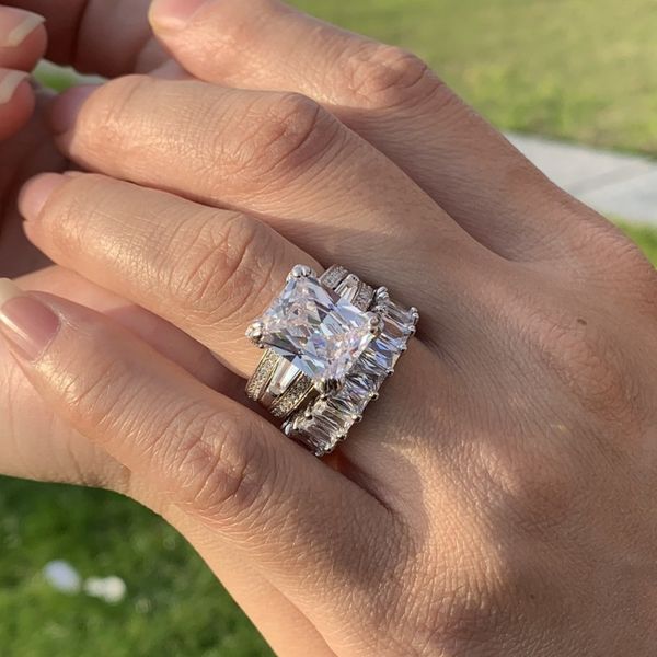 

christmas presen luxury jewelry 925 sterling silver princess cut white z eiffel tower party women wedding bridal ring set gift size 5-10, Slivery;golden