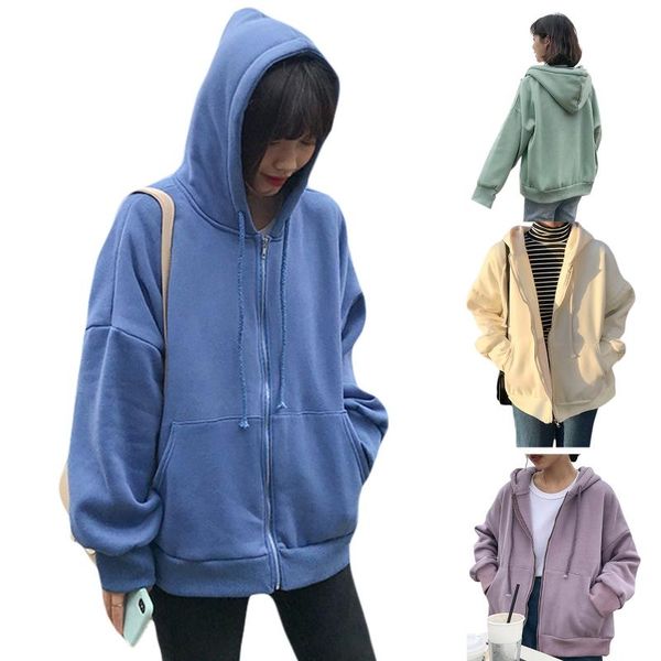 

women long sleeve hoodies jacket solid color oversized zipper sweatshirt coat r3mc, Black