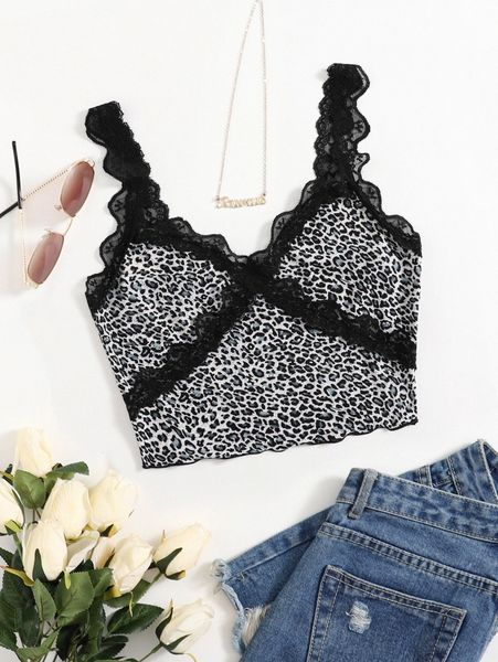 

lace trim leopard cami v7bm#, White