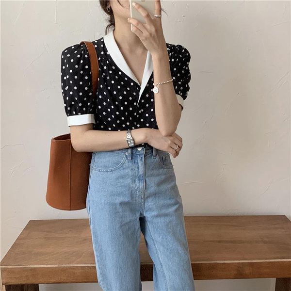 

hzirip retro chic summer polka dots girls cute blouses 2020 ol new all match loose gentle thin streetwear shirts, White