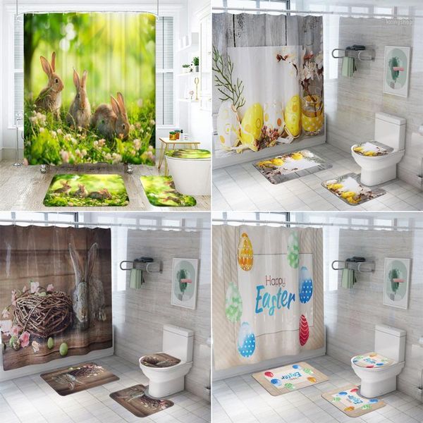 

easter egg prints bathroom curtains sets 3d polyester waterproof shower curtain toilet cover mat non-slip bath rug set1