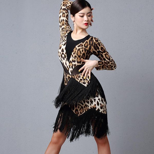 

stage wear 2021 latin dance practice clothing female long-sleeved leopard tassel dress woman ballroom samba performance dl4714, Black;red