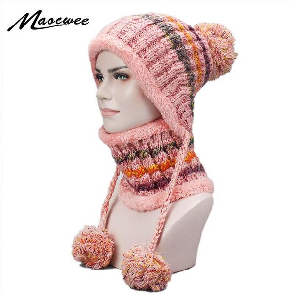 

beanies winter women knitted hat scarf set female warm pompon ring fashion thicked casual snow caps with lining