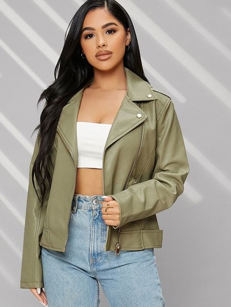 

buckle strap pu leather biker jacket d7wl#, Black;brown