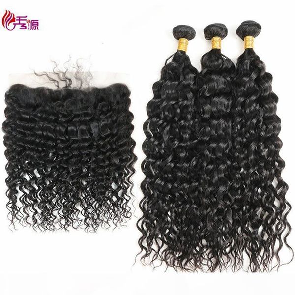 

brazilian water wave virgin human hair bundles with 13x4 lace closure natural color 100 unprocessed remy human hair 3 bundles with closure, Black;brown