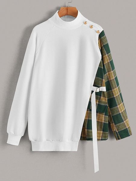

mock neck contrast plaid raglan sleeve sweatshirt j3of#, White;black
