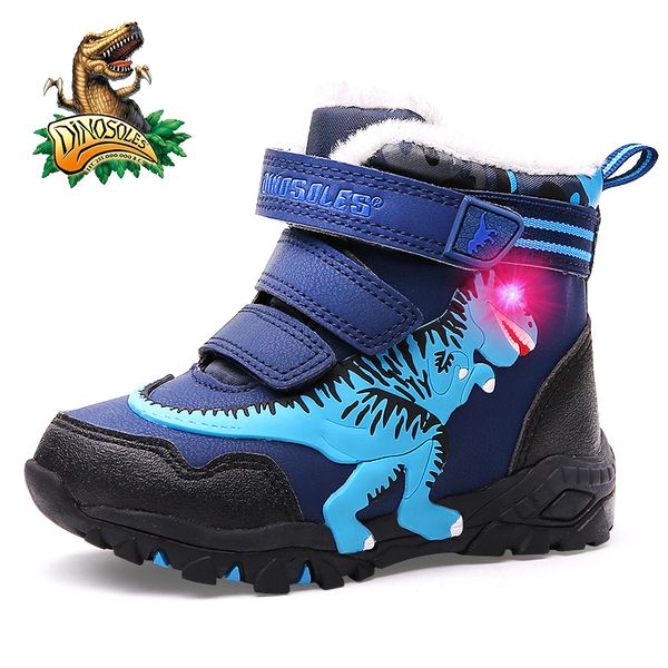 

dinoskulls kids winter boots shoes boys t-rex led lighted fashion new children snow boots leather warm plush glowing shoes y201028, Black;grey