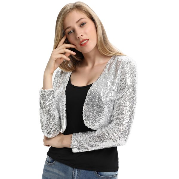 

lolita shining sequined ladies cropped length coat long sleeve open front bolero shrug classic black silver party women's jacket t20011, Black;brown