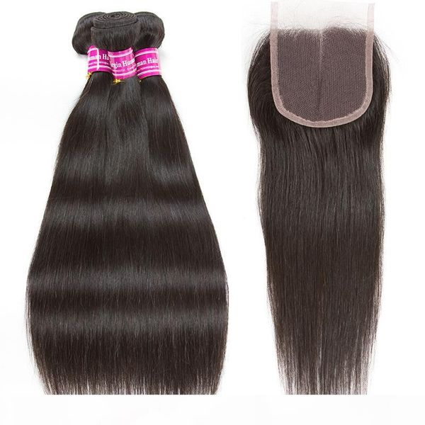 

brazilian virgin hair wefts with closure 3 bundle human hair weave body wave straight and 4x4 lace closure middle part, Black;brown
