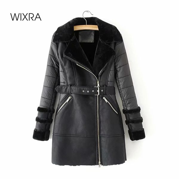 

wixra new fashion faux leather jackets with sashes lady thick warm coats with fur autumn winter pockets pu street long coats lj201127, Black